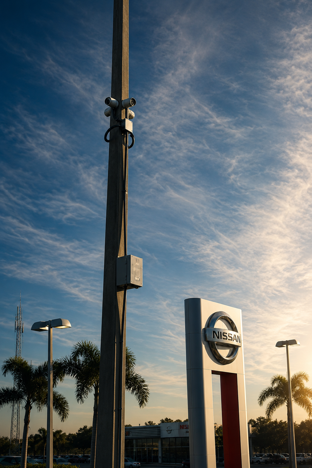 Pole-mounted cameras at an auto dealership